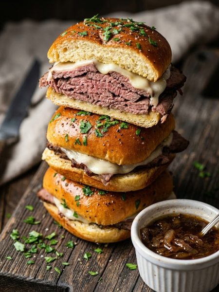 Golden French dip sliders stacked on a wooden board with melted provolone and roast beef visible alongside a bowl of rich au jus for dipping