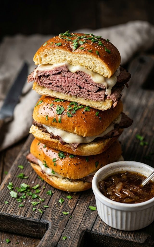 Golden French dip sliders stacked on a wooden board with melted provolone and roast beef visible alongside a bowl of rich au jus for dipping