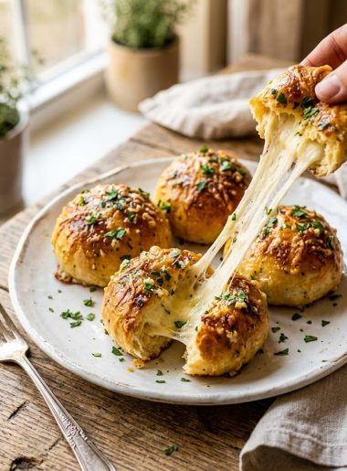 Golden garlic butter cheese bombs on a plate with one pulled apart showing the gooey melted mozzarella center