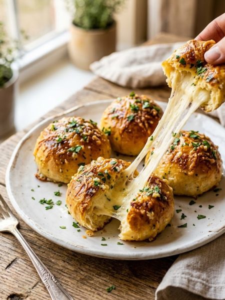 Golden garlic butter cheese bombs on a plate with one pulled apart showing the gooey melted mozzarella center