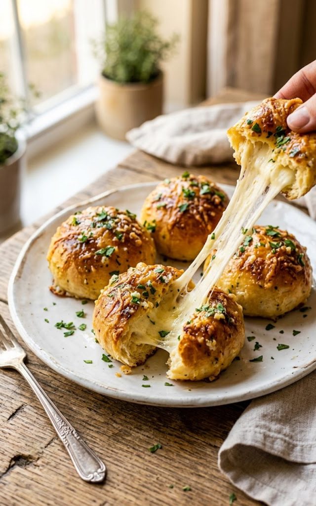 Golden garlic butter cheese bombs on a plate with one pulled apart showing the gooey melted mozzarella center