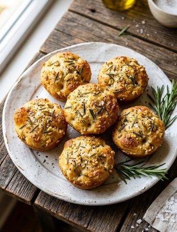 Golden crust garlic rosemary focaccia muffins on a white plate with flaky sea salt and fresh rosemary
