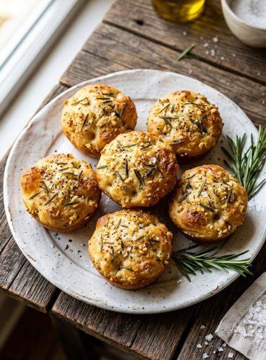 Golden crust garlic rosemary focaccia muffins on a white plate with flaky sea salt and fresh rosemary