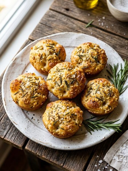 Golden crust garlic rosemary focaccia muffins on a white plate with flaky sea salt and fresh rosemary