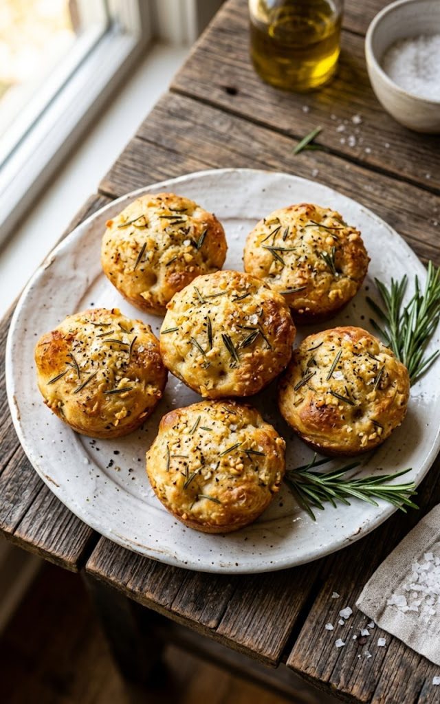 Golden crust garlic rosemary focaccia muffins on a white plate with flaky sea salt and fresh rosemary