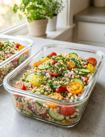 A glass meal prep container filled with colorful Israeli couscous salad with cherry tomatoes cucumber bell pepper and fresh herbs