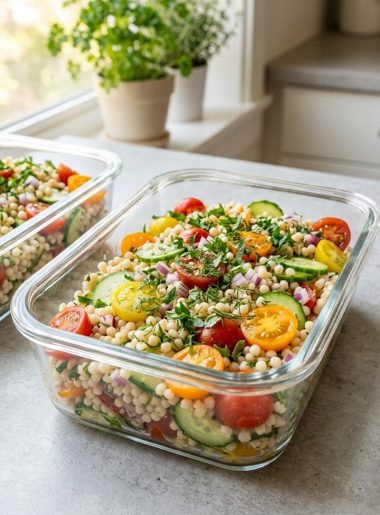 A glass meal prep container filled with colorful Israeli couscous salad with cherry tomatoes cucumber bell pepper and fresh herbs