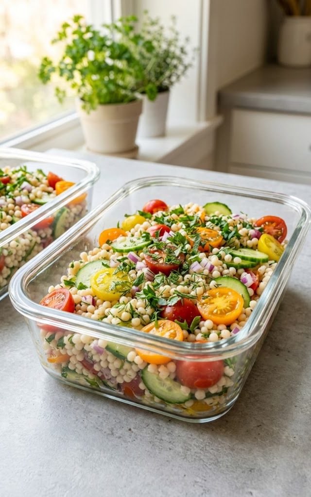 A glass meal prep container filled with colorful Israeli couscous salad with cherry tomatoes cucumber bell pepper and fresh herbs