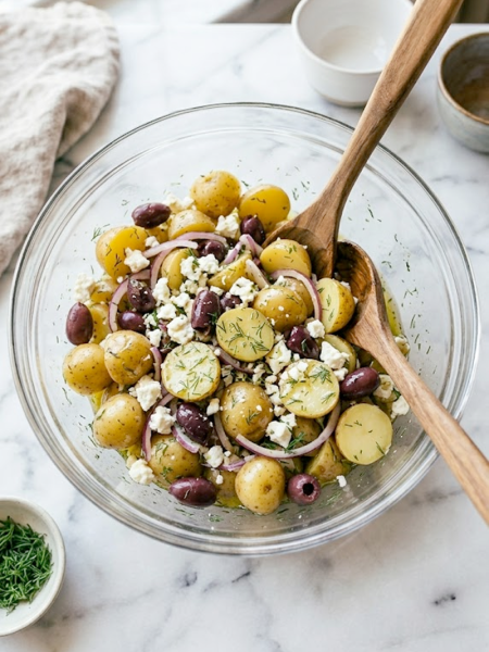 A glass bowl of Greek olive potato salad with baby yellow potatoes, Kalamata olives, crumbled feta, red onion, and fresh dill on a marble surface