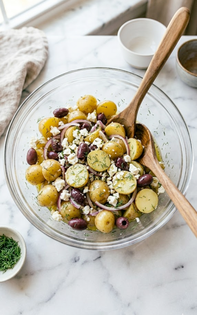 A glass bowl of Greek olive potato salad with baby yellow potatoes, Kalamata olives, crumbled feta, red onion, and fresh dill on a marble surface