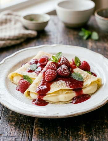 A plate of light raspberry vanilla crepes filled with vanilla cream, topped with fresh raspberries, raspberry sauce, powdered sugar, and mint leaves on a white plate