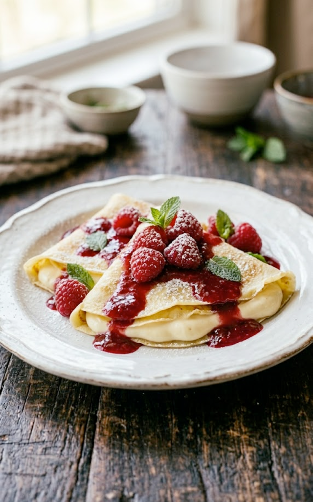 A plate of light raspberry vanilla crepes filled with vanilla cream, topped with fresh raspberries, raspberry sauce, powdered sugar, and mint leaves on a white plate