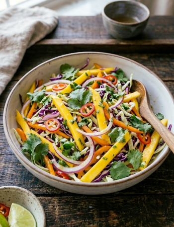 A bowl of vibrant mango slaw with golden mango strips, purple cabbage, red onion, bell pepper, and fresh cilantro tossed in a lime honey dressing