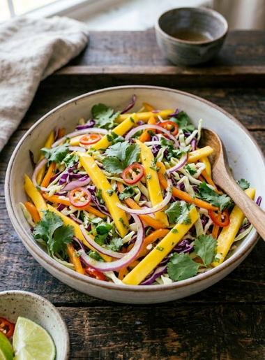 A bowl of vibrant mango slaw with golden mango strips, purple cabbage, red onion, bell pepper, and fresh cilantro tossed in a lime honey dressing