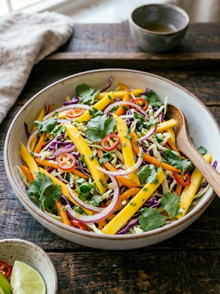 A bowl of vibrant mango slaw with golden mango strips, purple cabbage, red onion, bell pepper, and fresh cilantro tossed in a lime honey dressing