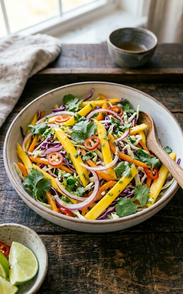 A bowl of vibrant mango slaw with golden mango strips, purple cabbage, red onion, bell pepper, and fresh cilantro tossed in a lime honey dressing