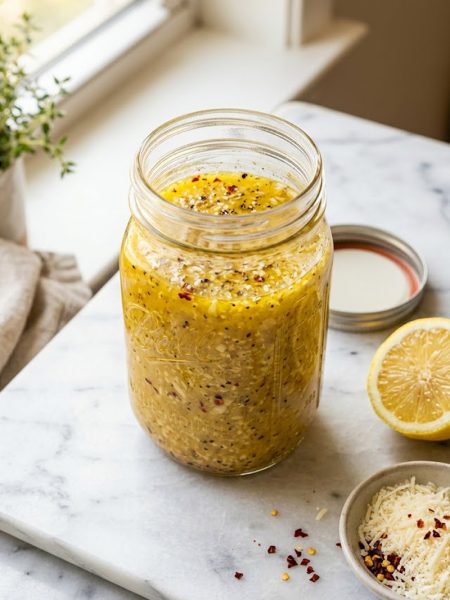 A glass jar of homemade parmesan vinaigrette with visible garlic parmesan and red pepper flakes on a marble surface