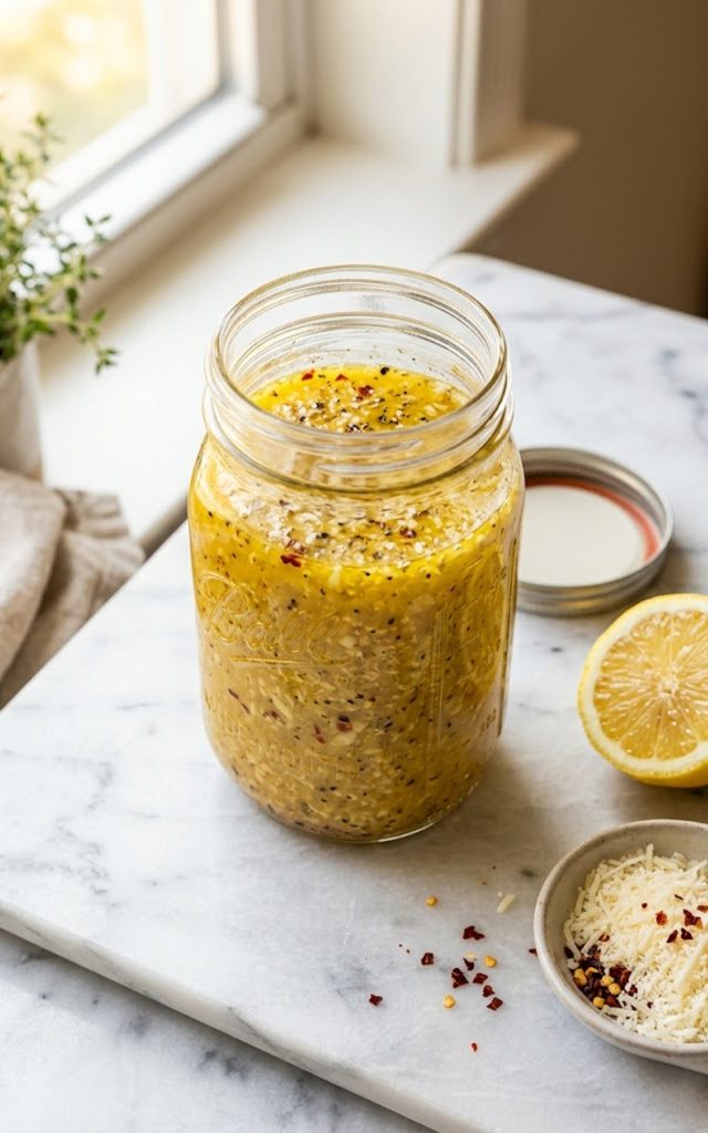 A glass jar of homemade parmesan vinaigrette with visible garlic parmesan and red pepper flakes on a marble surface
