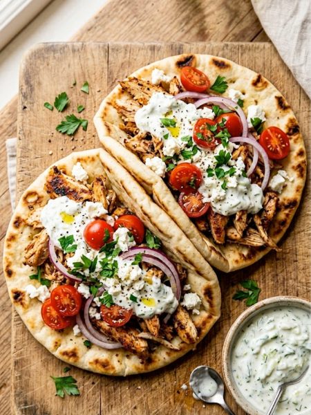 Slow cooker chicken gyros with homemade tzatziki sauce served on warm pita bread with fresh toppings