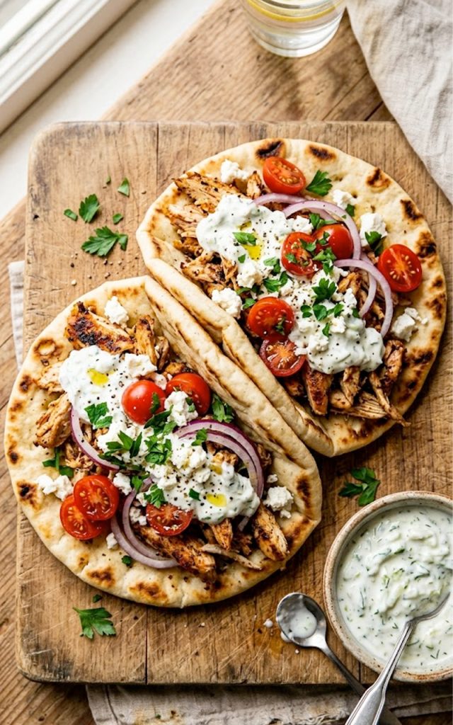 Slow cooker chicken gyros with homemade tzatziki sauce served on warm pita bread with fresh toppings
