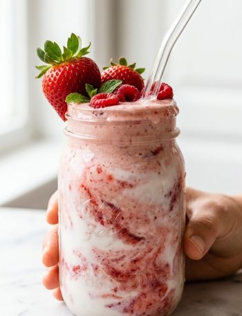 A large glass mason jar filled with creamy pink strawberry coconut smoothie held up with a glass straw against a soft white background