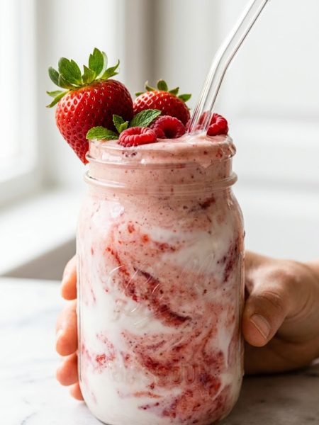 A large glass mason jar filled with creamy pink strawberry coconut smoothie held up with a glass straw against a soft white background