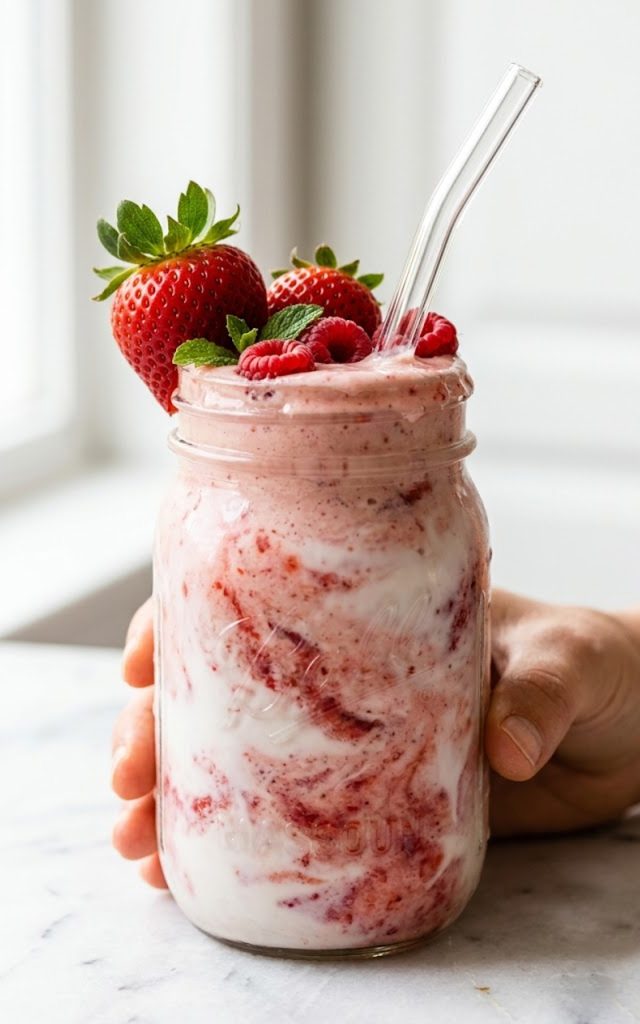 A large glass mason jar filled with creamy pink strawberry coconut smoothie held up with a glass straw against a soft white background