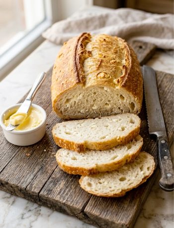 A golden loaf of cottage cheese bread sliced on a wooden cutting board showing a soft tender crumb inside with a golden crust on the outside