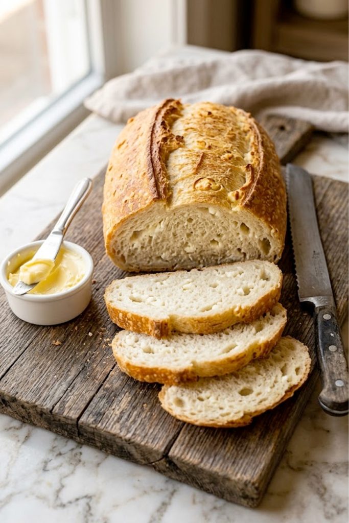 A golden loaf of cottage cheese bread sliced on a wooden cutting board showing a soft tender crumb inside with a golden crust on the outside