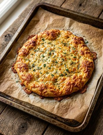 Golden baked cottage cheese flatbread on parchment paper with crispy edges and herbs on top, shot from above