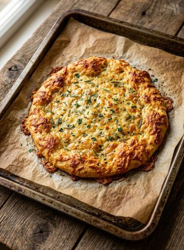 Golden baked cottage cheese flatbread on parchment paper with crispy edges and herbs on top, shot from above