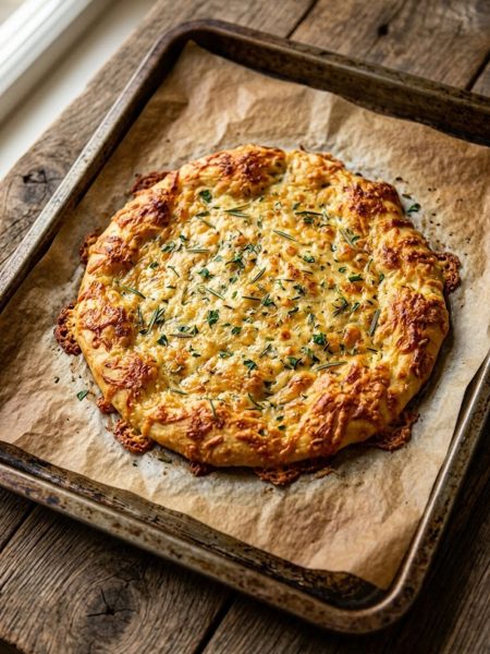 Golden baked cottage cheese flatbread on parchment paper with crispy edges and herbs on top, shot from above