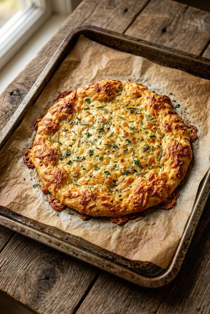 Golden baked cottage cheese flatbread on parchment paper with crispy edges and herbs on top, shot from above