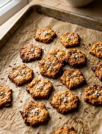 Close-up overhead shot of golden crispy keto crackers spread across a parchment lined baking sheet with visible sea salt flakes and dried herbs on the surface