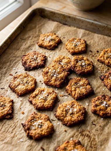 Close-up overhead shot of golden crispy keto crackers spread across a parchment lined baking sheet with visible sea salt flakes and dried herbs on the surface