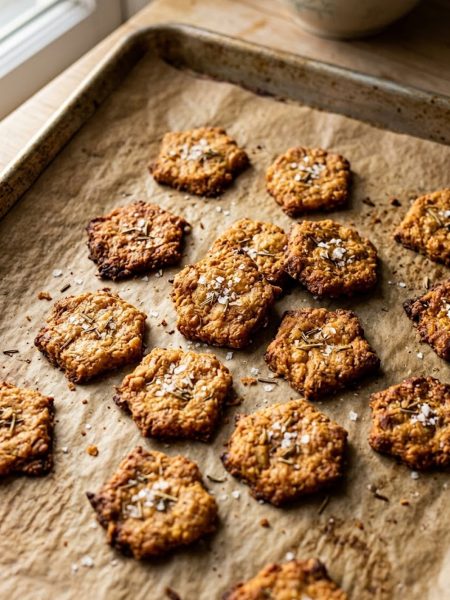 Close-up overhead shot of golden crispy keto crackers spread across a parchment lined baking sheet with visible sea salt flakes and dried herbs on the surface