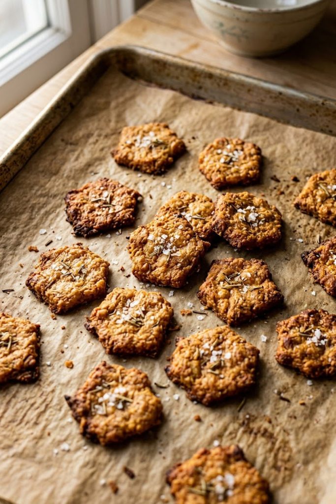 Close-up overhead shot of golden crispy keto crackers spread across a parchment lined baking sheet with visible sea salt flakes and dried herbs on the surface