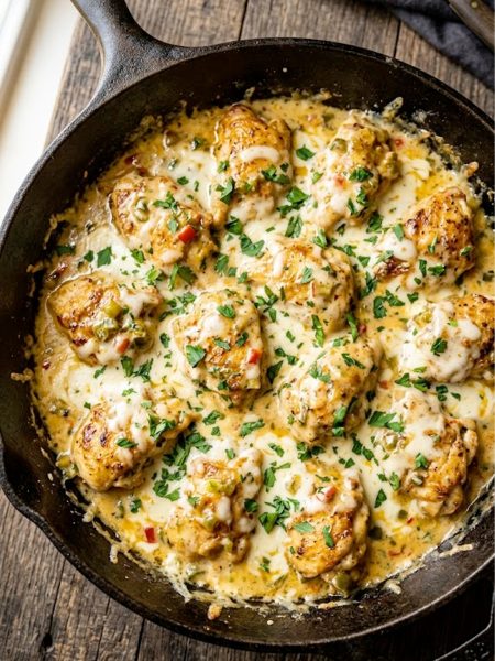 Golden seared chicken pieces smothered in a rich creamy queso sauce with green chiles and melted Monterey Jack cheese in a dark skillet