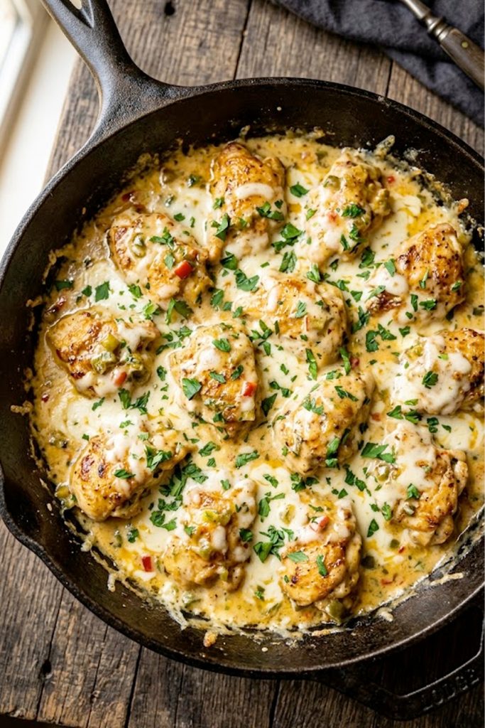 Golden seared chicken pieces smothered in a rich creamy queso sauce with green chiles and melted Monterey Jack cheese in a dark skillet