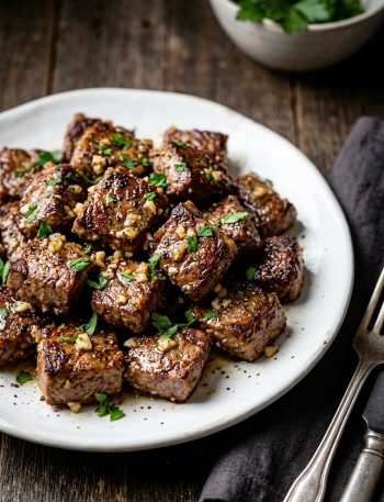 Crispy air fryer garlic butter steak bites garnished with fresh parsley and minced garlic on a white ceramic plate