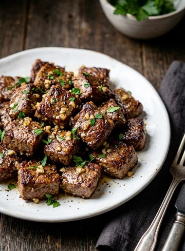 Crispy air fryer garlic butter steak bites garnished with fresh parsley and minced garlic on a white ceramic plate