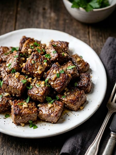 Crispy air fryer garlic butter steak bites garnished with fresh parsley and minced garlic on a white ceramic plate
