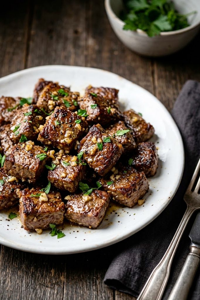 Crispy air fryer garlic butter steak bites garnished with fresh parsley and minced garlic on a white ceramic plate
