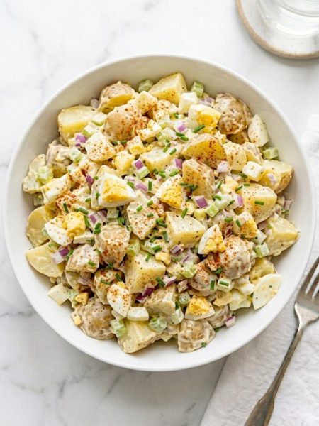 A large white ceramic bowl of creamy all-American potato salad made with tender Yukon Gold potatoes, hard-boiled eggs, red onion, celery, and fresh chives topped with a dusting of smoked paprika on a white marble surface