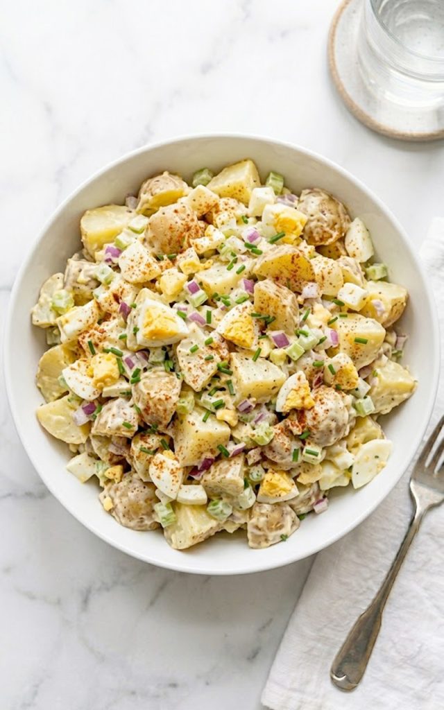 A large white ceramic bowl of creamy all-American potato salad made with tender Yukon Gold potatoes, hard-boiled eggs, red onion, celery, and fresh chives topped with a dusting of smoked paprika on a white marble surface