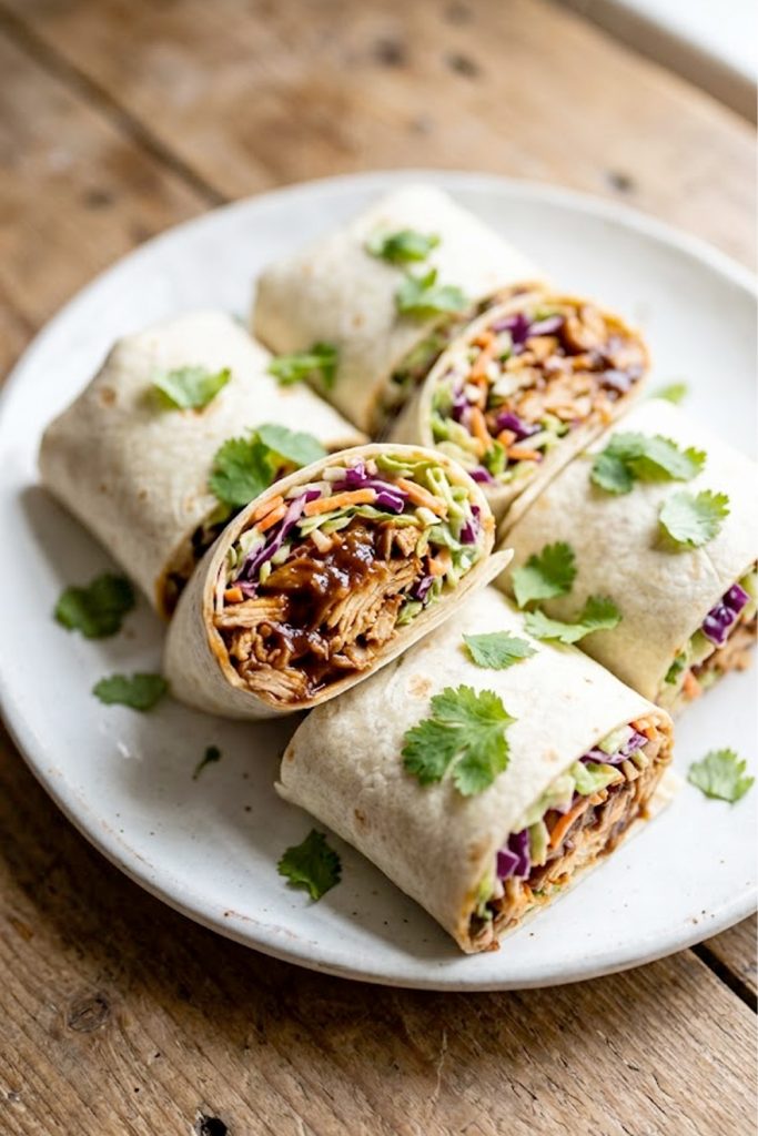 Four BBQ chicken coleslaw wraps cut in half and arranged on a white plate, showing smoky shredded chicken and creamy coleslaw filling, garnished with fresh cilantro