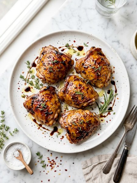 Juicy balsamic glazed chicken thighs on a white ceramic plate topped with fresh thyme and rosemary sprigs on a marble surface