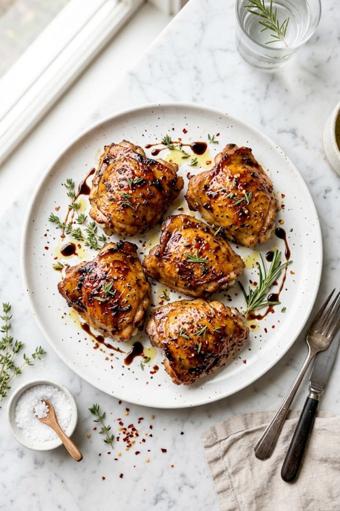 Juicy balsamic glazed chicken thighs on a white ceramic plate topped with fresh thyme and rosemary sprigs on a marble surface