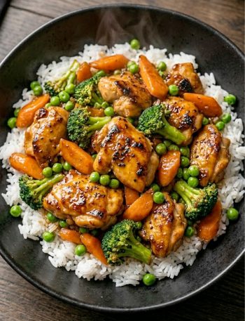 Better chicken stir fry with tender chicken pieces, chunky carrots, broccoli florets, and green peas coated in a rich savory sauce served over steamed white rice in a black bowl