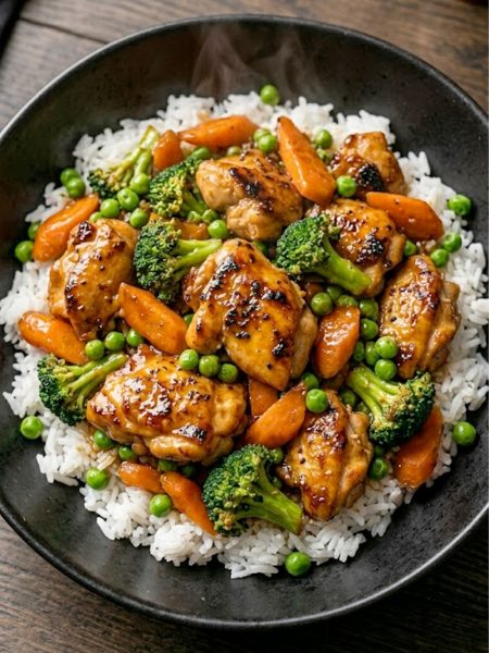 Better chicken stir fry with tender chicken pieces, chunky carrots, broccoli florets, and green peas coated in a rich savory sauce served over steamed white rice in a black bowl
